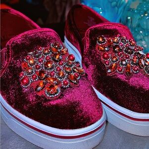 Burgundy Velvet Rhinestone Platform Loafers